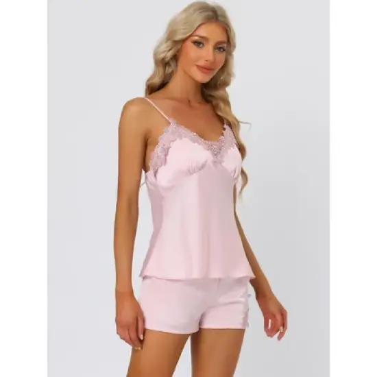 cheibear Womens Satin Lounge Lace Trim Cami Tops with Shorts Sleepwear Pajamas Sets image {1}