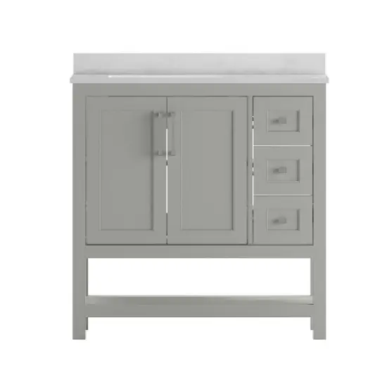 Emma and Oliver Bathroom Vanity, Single Sink Cabinet with 2 Soft Close Doors, Open Shelf and 3 Drawers, Carrara Marble Finish Countertop image {2}