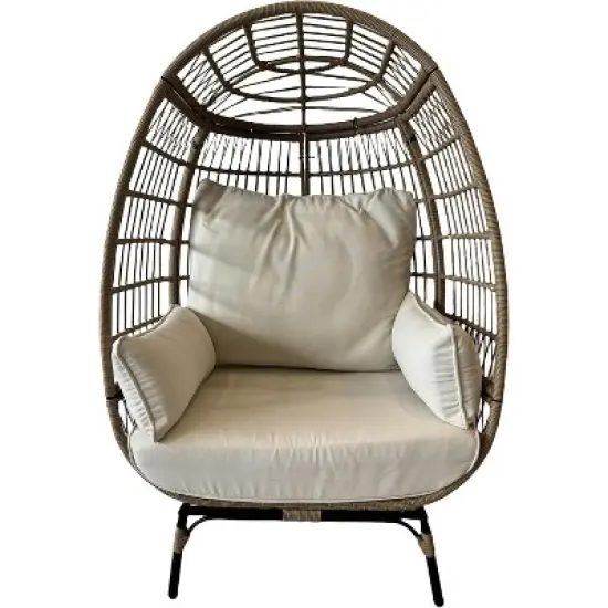 Oversize Rattan Egg Chair Outdoor Wicker Patio Lounge Chairs with Steel Frame Stand and 4 Cushions for Patio, Porch, Backyard, living rooms, Beige image {5}