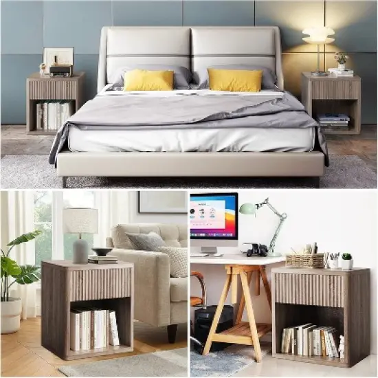 Night Stand Set of 2 With Fluted Drawer Storage End Table, Mid Century Wood Night Stands, Large Modern Farmhouse Nightstand for Bedroom Office image {4}