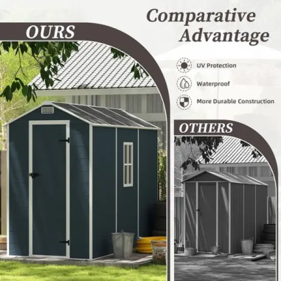 4*8ft resin storage shed, high quality pp material, strong structure, waterproof, rust and UV proof, large storage space,HD window lighting Dark gray image {3}