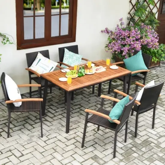 Costway 7 PCS Patio Rattan Dining Set Acacia Wood Table Top Stackable Chair image {10}
