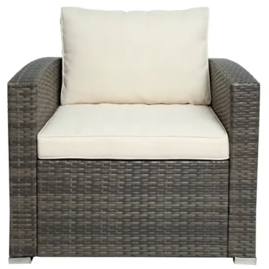 7pc Wicker Patio Set with Cushions & Storage Box - Gray/Beige - GODEER image {3}