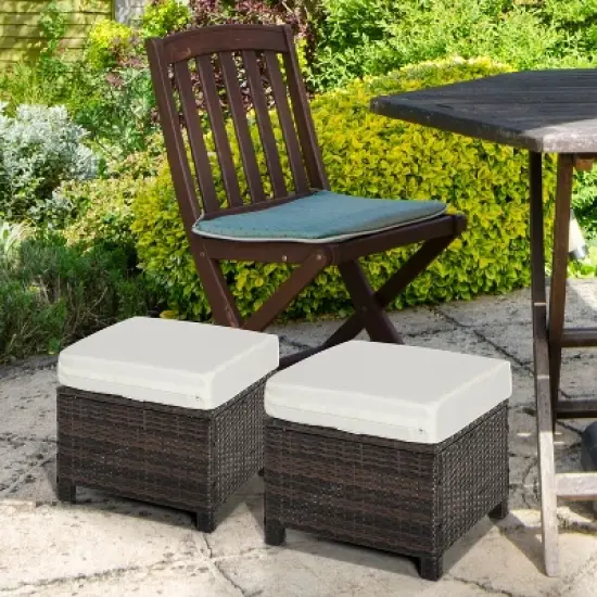 Outsunny 2 Pc 20" Outdoor PE Rattan Wicker Ottoman, Fade-Resistant Patio Footrest with Soft Cushion, Steel Frame, Brown, White image {1}