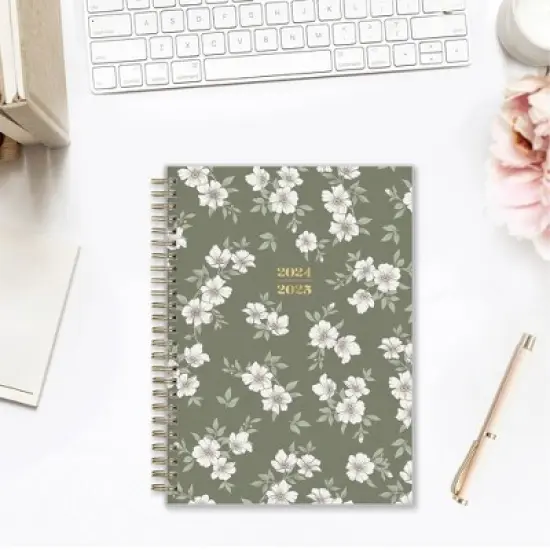 The Everygirl X Day Designer 2024-25 Weekly/Monthly Planner with Notes 8.625"x5.875" Wirebound Frosted PP Floral Olive: Student Day Planner image {1}