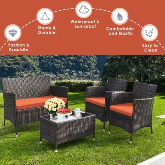 Tangkula 4PCS Patio Rattan Conversation Furniture Set Outdoor w/ Orange Cushion image {9}