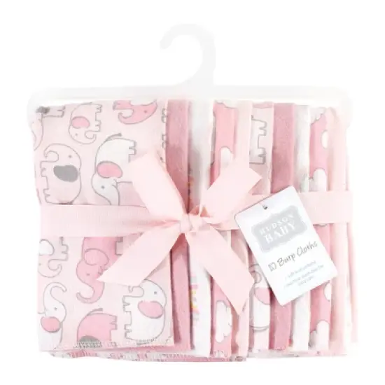 Hudson Baby Infant Girl Cotton Flannel Burp Cloths, Girl New Elephant 10-Pack, One Size image {1}