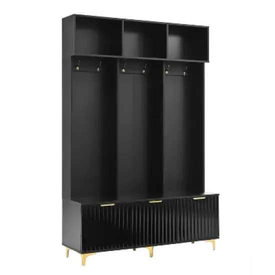 TIRAMISUBEST Modern Hall Tree with Storage Bench & 6 Gold Hooks - Entryway Organizer, High Gloss Fluted Doors, Black image {9}