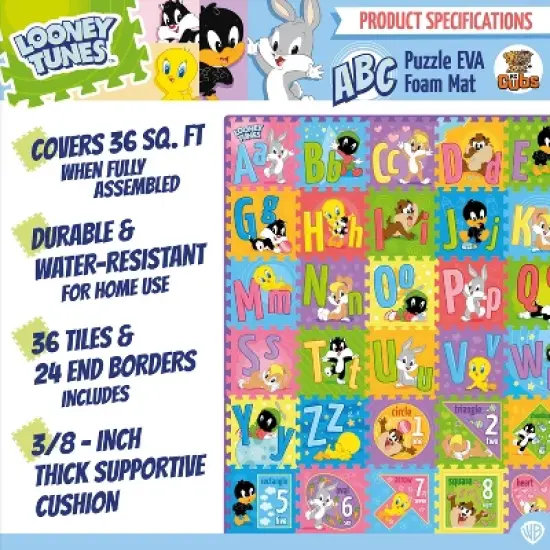 Looney Tunes ABC, Numbers & Shapes Foam Puzzle Baby Activity Floor Playmat - Tummy Time, Kids Preschool & Nursery - 36 Tiles, 12x12" - KC Cubs image {5}