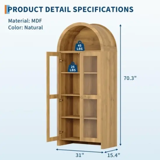 70 Inch Tall Arched Pantry Cabinet with Acrylic Doors - 5-Tier Adjustable Shelf, Wooden Storage, Modern Bookshelf for Kitchen, Dining, Living Room image {1}