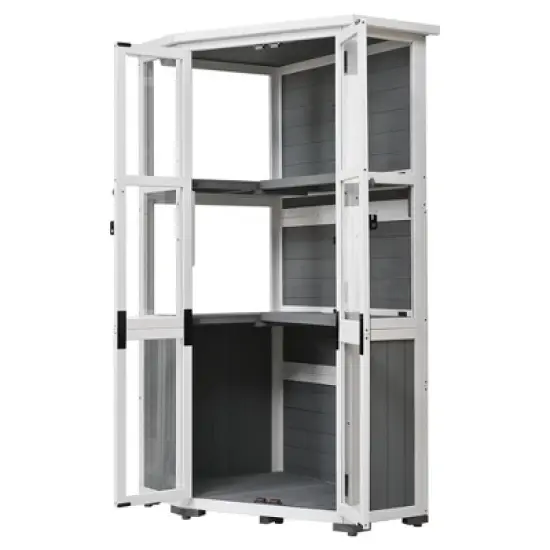 YOOCOZZ 63"Height Wood Garden Storage Cabinet with Waterproof- Roof and Lockable Door, Mini Greenhouse Cold Frame image {1}