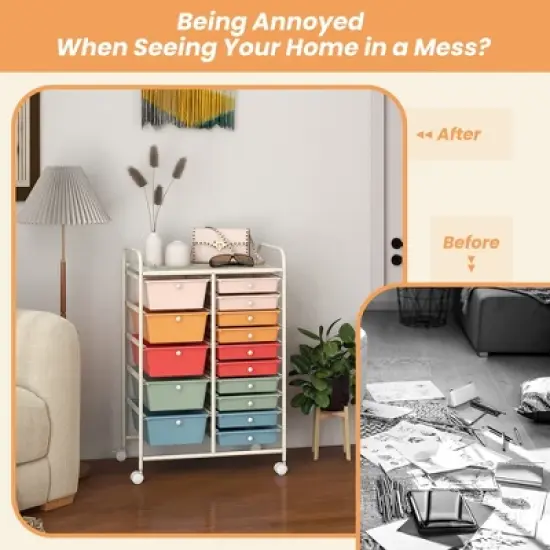 Costway 15 Drawer Rolling Storage Cart Tools Scrapbook Paper Office School Organizer Multicolored image {5}