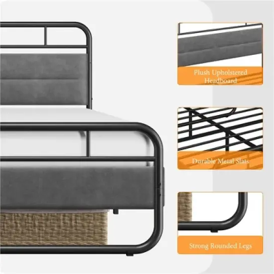 Yaheetech Metal Platform Bed Frame with Velvet Upholstered Headboard image {4}