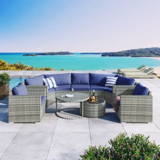 Outdoor 9-Pieces Seating Set, Patio Round Sofa Set with Glass Tabletop, Wicker Sofa with Steel Frame and Removable Cushions&ndash;Cuddlewood image {8}