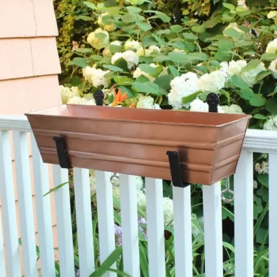 22" Wide Rectangular Flower Box Copper Plated Galvanized Steel with Black Wrought Iron Clamp-On Brackets - ACHLA Designs image {1}