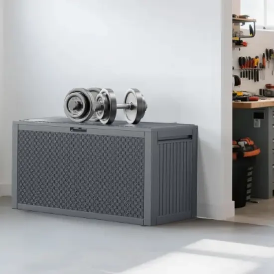 Syemin Deck Boxes 90gal Outdoor Garden Plastic Storage Deck Box Waterproof Deck Box Outdoor Lockable Storage Container, Black, 45.67"*19.5"*23.23" image {2}