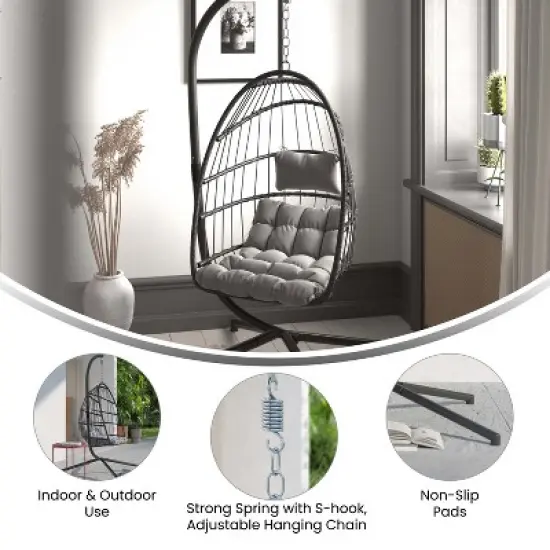 Merrick Lane Foldable Woven Hanging Egg Chair in Gray with Removable Gray Cushions and Stand for Indoor and Outdoor Use image {9}