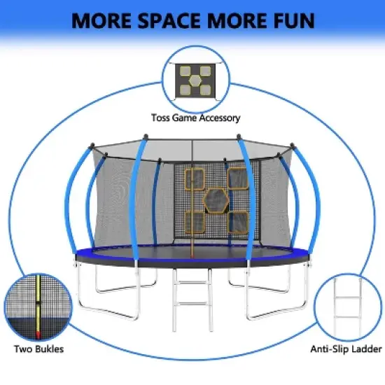 BestParts 14FT Round Trampoline with Ladder, Enclosure Net & Toss Target Game &ndash; Blue Steel Frame image {2}