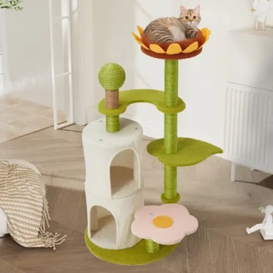 EROMMY 44" Sunflower Cat Tree, Multi-Functional Cozy Cat Tower,Green image {1}