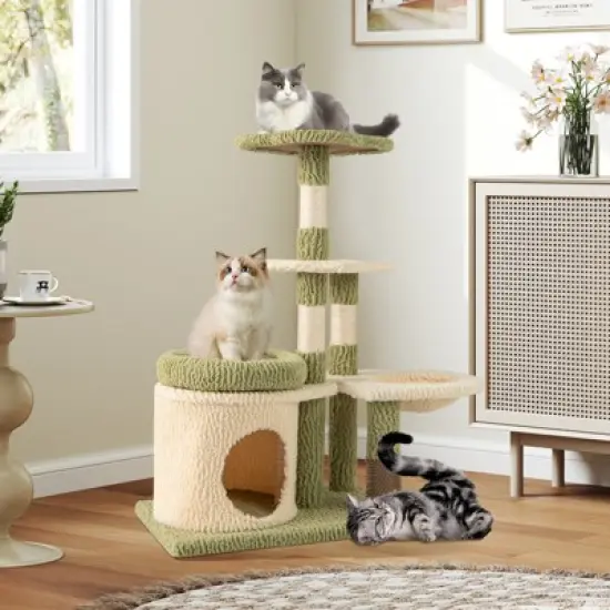 Tangkula Multi-level Cat Tree Cute Cat Tower w/ Top Perch Private Condo Side Basket image {2}