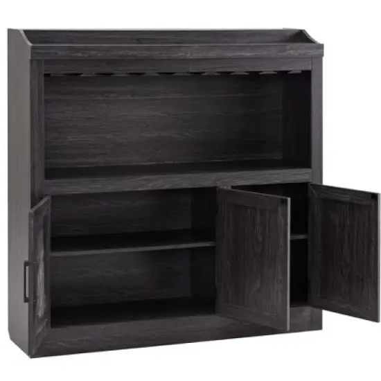 Home Source Bar Cabinet with Stem Glass Placement and Wooden Doors in Charcoal image {1}