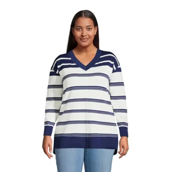 Lands' End Women's Fine Gauge Cotton V-Neck Pullover Tunic Sweater - Stripe image {3}