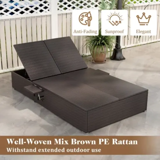 Tangkula Patio Double Chaise Lounge 6 Position Adjustable Wicker Recliner Bed with Cushions & Folding Side Trays image {4}