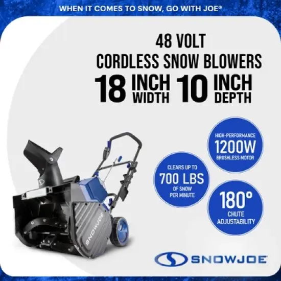 Snow Joe 48V Cordless Electric Snow Blower Kit, 1200W Brushless Motor, 18" Clearing Path - 20' Throw w/Cover, Ice Scraper & Headlight, 24V-X2-SB18-TV1 image {2}