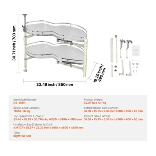 VEVOR Swing Right Blind Corner Cabinet, Pull Out Organizer for 36 inch Width Blind Cabinet, 2 Tier Height Adjustable Swing Tray, Silver image {7}