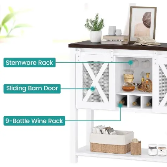 Farmhouse Sideboard Buffet Cabinet with Sliding Barn Doors, Open Storage Shelf & Wine Racks, Entryway Table for Kitchen, Dining Room, Hallway image {5}