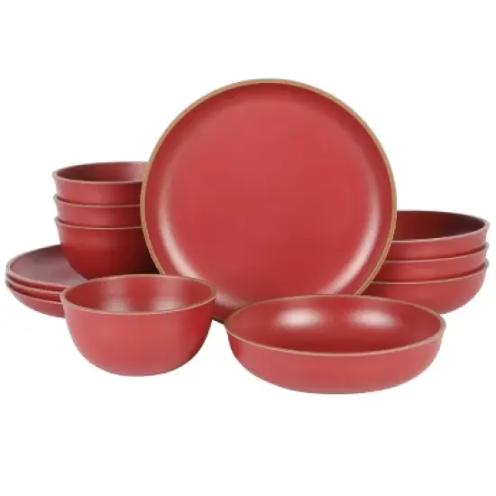 Gibson Home Rockabye 12 Piece Double Bowl Malemine Dinnerware Set in Red image {9}