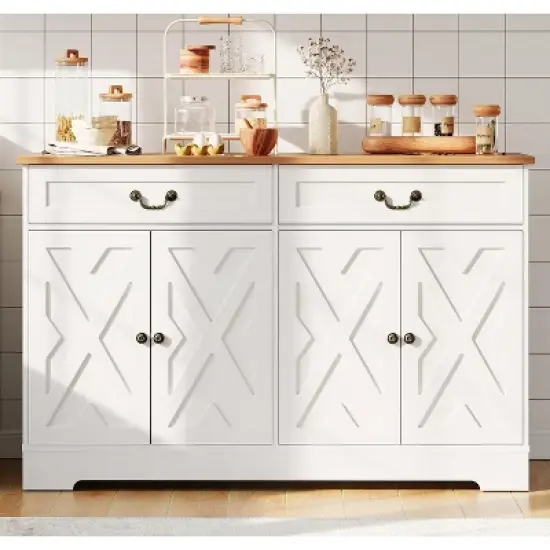 57" White Modern Farmhouse Sideboard Buffet - 2 Drawers & Adjustable Shelves, Large Kitchen Storage, Dining Room Coffee Bar Organizer image {4}