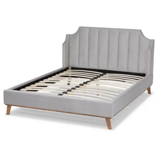 King Adelie Velvet Wingback Platform Bed Light Gray/Walnut - Baxton Studio image {2}