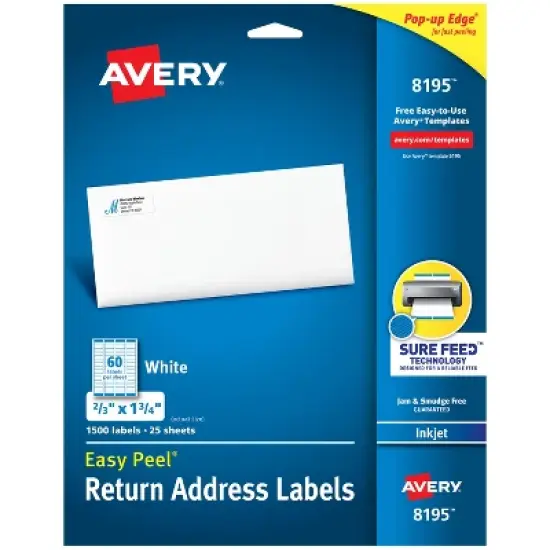 Avery Easy Peel Return Address Labels, Sure Feed Technology, Permanent Adhesive, 2/3" x 1-3/4", 1,500 Labels (8195) image {9}