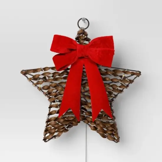 30ct Battery Operated Christmas Hanging Twisted Faux Rattan Star with Red Velvet Bow - Warm White Lights - Wondershop&trade; image {2}