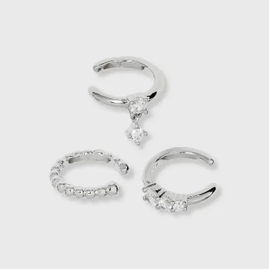 Sterling Silver Cubic Zirconia Dangle Beaded Trio Ear Cuff Set - A New Day&trade; Silver image {1}