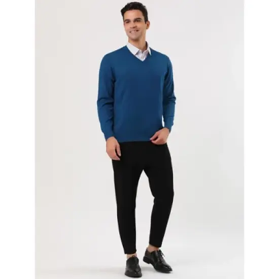 Lars Amadeus Men's Solid Color Knitted Long Sleeves V Neck Pullover Sweater image {1}