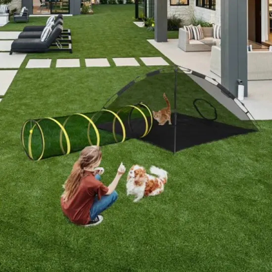 Outdoor Cat Play Tent with Tunnel, Portable Cat Playhouse for Indoor Outdoor, Cat Playpen Enclosed for Cats Rabbits and Small Animals, Yellow image {5}