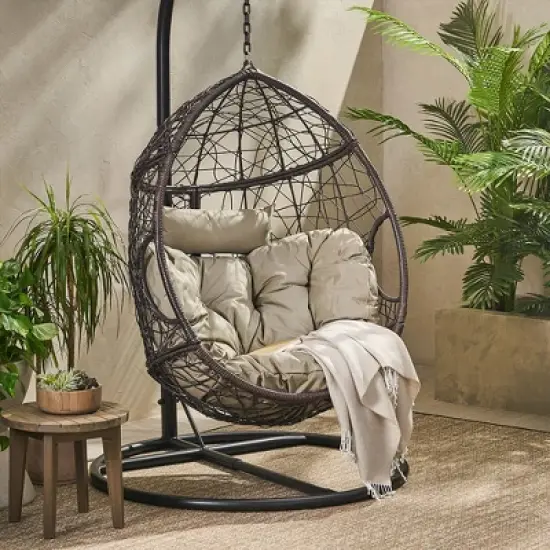 Hanging Egg Chair, Indoor Outdoor Patio Wicker Swing Egg Basket Chairs With Cushion, Rattan Wicker Hammock Chairs image {1}