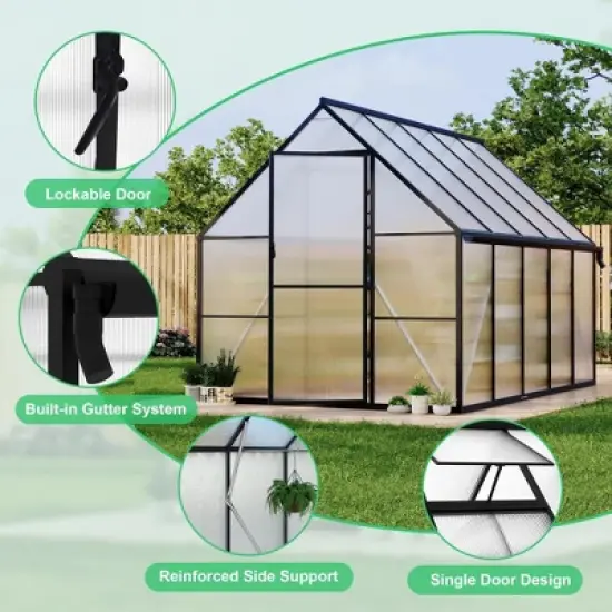 homfan Aluminum Polycarbonate Greenhouse w/ Roof Vent - Heavy Duty Quick Setup Walk-in Greenhouse for Outdoors, Black image {5}