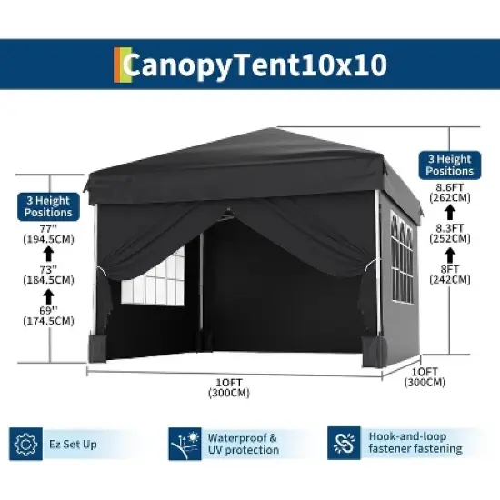 10x10 FT Portable Pop Up Canopy Tent with 4 Removable Waterproof Sidewalls, Easy Setup Outdoor Shelter for Beach, Camping, Backyard image {2}