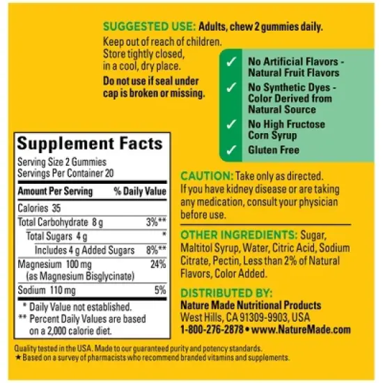 Nature Made High Absorption Magnesium Glycinate Supplement for Muscle, Nerve, Bone & Heart Support, Magnesium Gummies - 40ct image {2}
