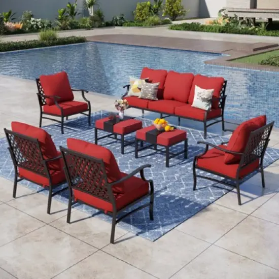 Captiva Designs 7pc Metal Patio Outdoor Conversation Set with Grid-back Armchairs, Ottomans for Garden, Poolside, Backyard image {13}