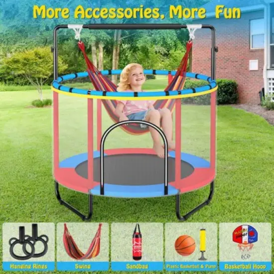 60'' Trampoline for Kids with Basketball Hoop & Safety Net, Swing, Rings, Gymnastic Bar, Indoor/Outdoor Toddler Trampoline, Birthday Gifts image {4}
