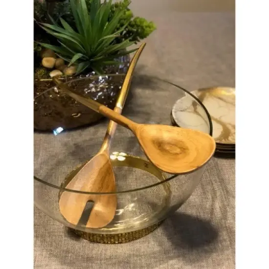 Classic Touch S/2 Wooden Salad Servers with Gold Handle image {4}