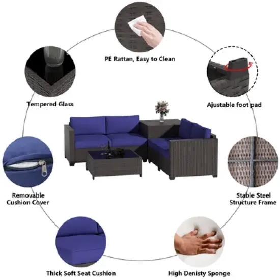 Decksplore Outdoor Lounge Set PE Wicker with Iron Frame Navy Blue Sofa & Coffee Table Combo image {6}