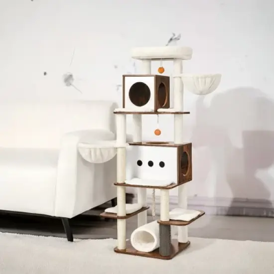 LEDREM 64.5-Inch Cat Tree Tall Cat Tower for Large Indoor, Multi-Level Cat Condo with 2 Hammocks, 4 Scratching Posts, Cat Houses, Rustic Brown image {5}