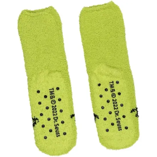 Dr. Seuss The Grinch Socks Kids Grinch Face Plush Slipper Socks w/ No-Slip Sole Green image {1}