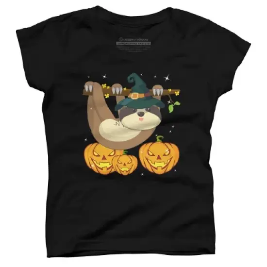 Girl's Design By Humans Funny Witch Sloth With Jack O Lantern Halloween T-Shirt By thebeardstudio T-Shirt image {3}