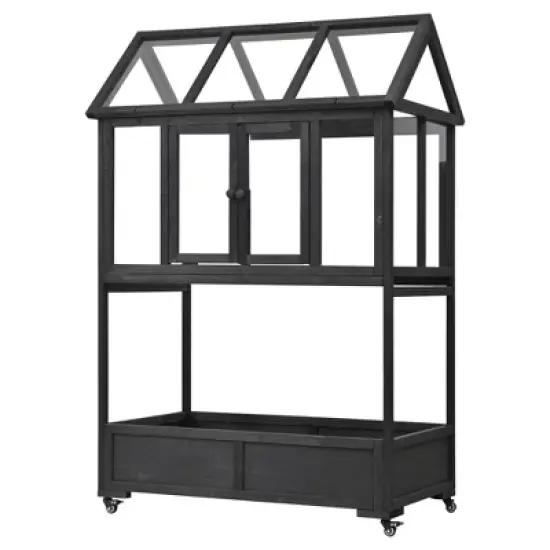 YOOCOZZ Wood Patio Portable Cold Frame with Openable Roof and Storage Box, having Movable Wheels image {3}